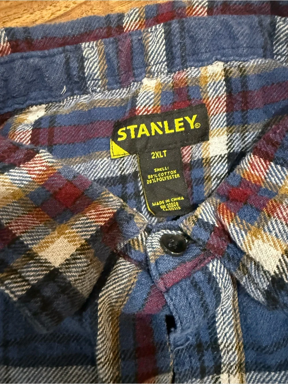 Stanley Blue Plaid Button-Down Shirt with Red and White Accents